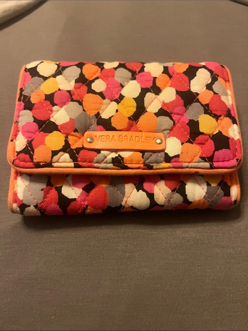 Vera Bradley Quilted Trifold Wallet in Pink Orange Yellow Multi - Picture 1 of 4